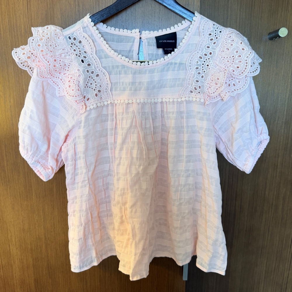 Liv Los Angeles Womens Pink Eyelet Lace 100% Cotton Top Soft Feminine Coquette